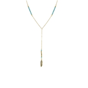 Goudkleurige byoux ketting blauw met veer (1051801)